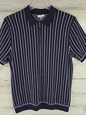 REISS Men’s Striped Knit Zip Polo Shirt Navy Pink White Size LARGE Short Sleeve.